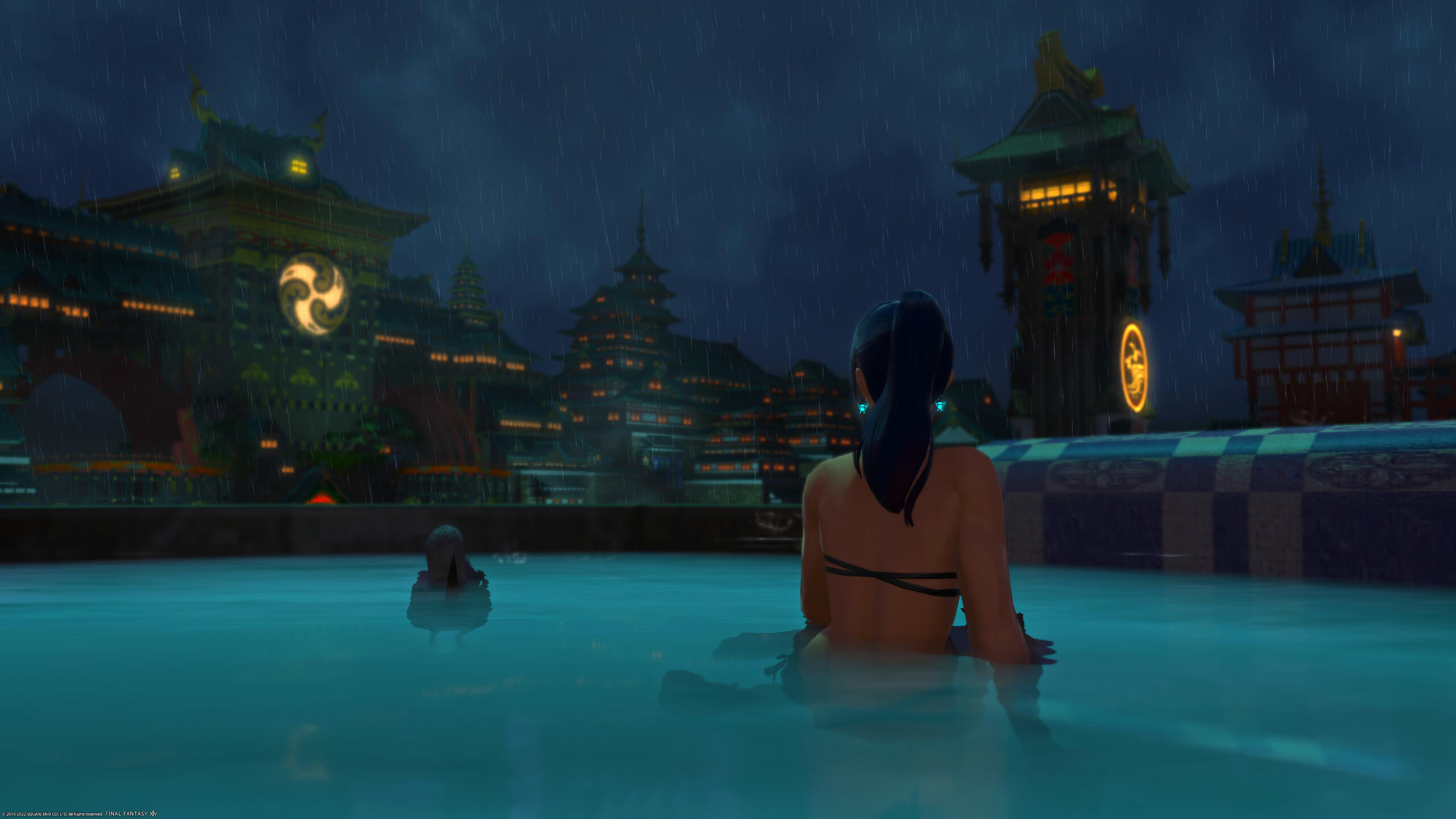 A rainy night in Kugane on the rooftop hottubs.
